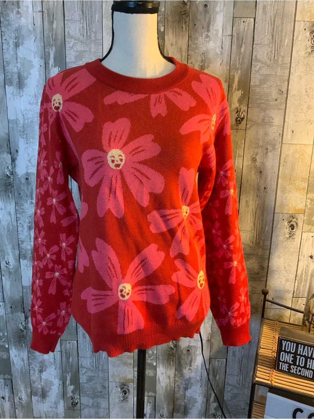 Bright Red Floral Crewneck Sweater